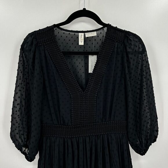 NWT ANTHROPOLOGIE Meadow Rue Black Minetta Crochet Sheer Tiered Dress 4 Petite - Picture 7 of 13